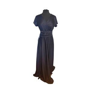 KOHKOH Cap Sleeve V-Neck Flowy Cocktail Party Gown Formal Attire Dress Navy Blue